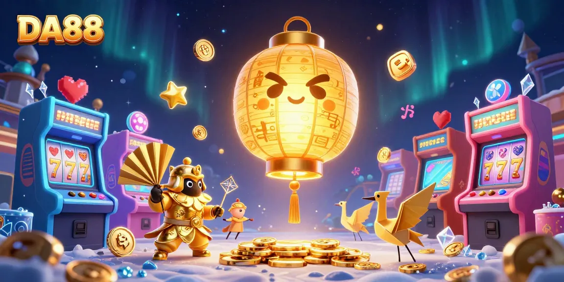 Experience the excitement of DA88 with a vibrant casino scene featuring golden lanterns and 3D arcade games.