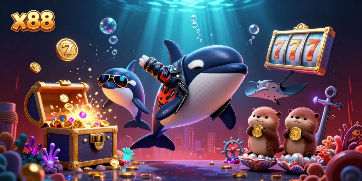x88 players winning coins in an exciting underwater casino scene with vibrant characters and shimmering treasures