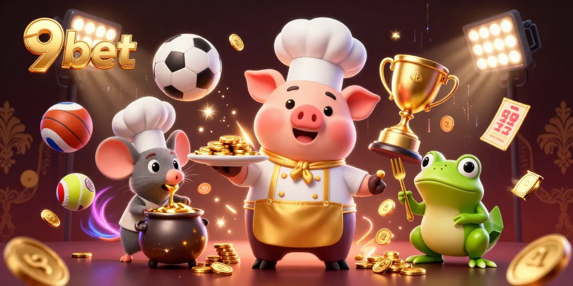 Experience thrilling gaming with 9bet's dynamic casino scene featuring gold coins, sports elements, and engaging characters.