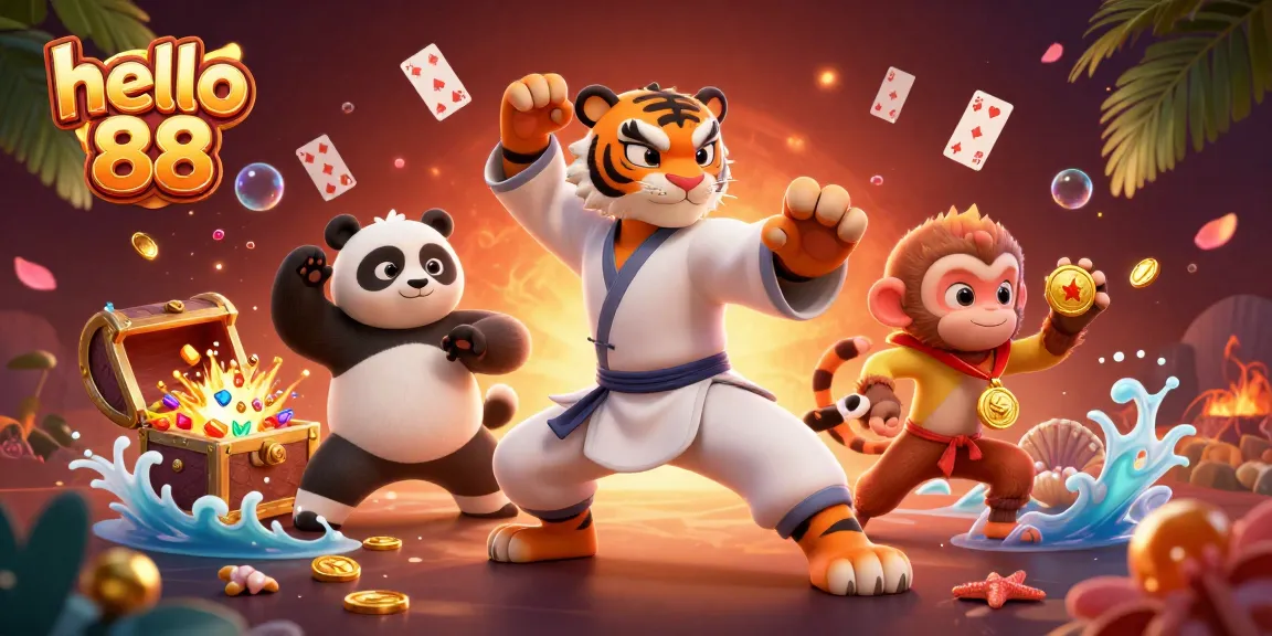 Hello 88 showcases winning moments as kung fu tiger masters a game, surrounded by playful elements.