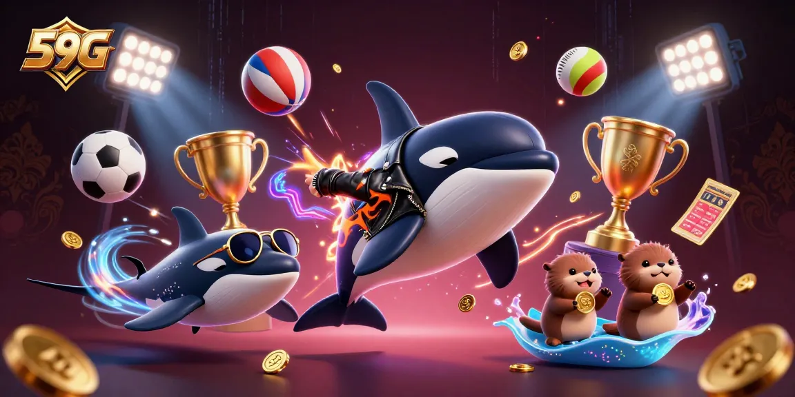 Play exciting games with 59G, featuring dynamic characters winning gold coins in a rich casino scene.