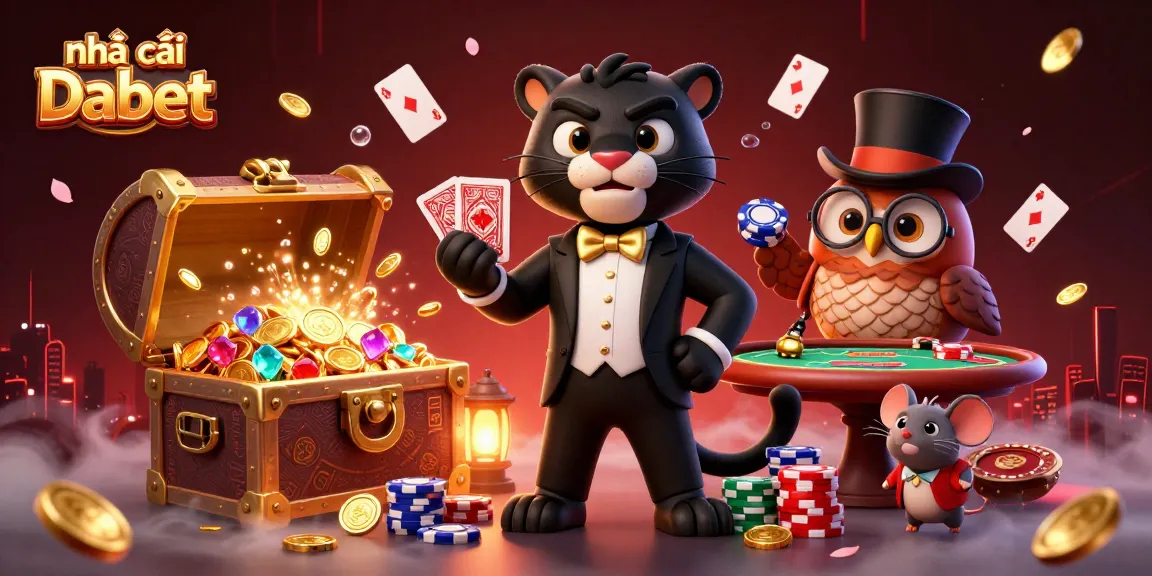 Experience the thrill of live casino action with Nhà cái Dabet's vibrant 3D illustration of animated characters and poker elements.