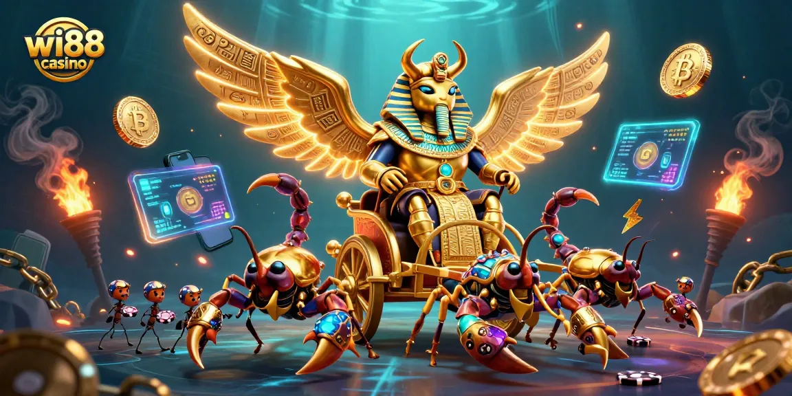 Experience thrilling play at wi88 casino with a spectacular 3D gold scarab and scorpions scene.