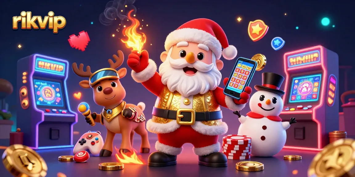 Experience the thrill of rikvip with Santa and friends in a vibrant casino scene full of games.