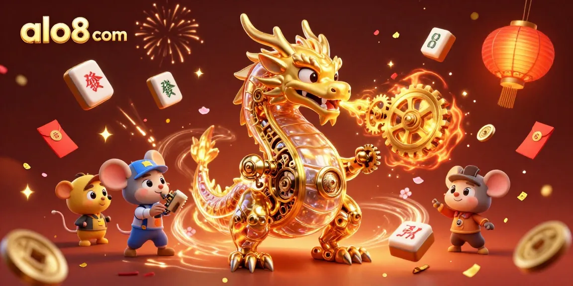 Join the excitement at alo8 com with golden dragon, mahjong tiles, and festive elements in a vibrant casino scene.