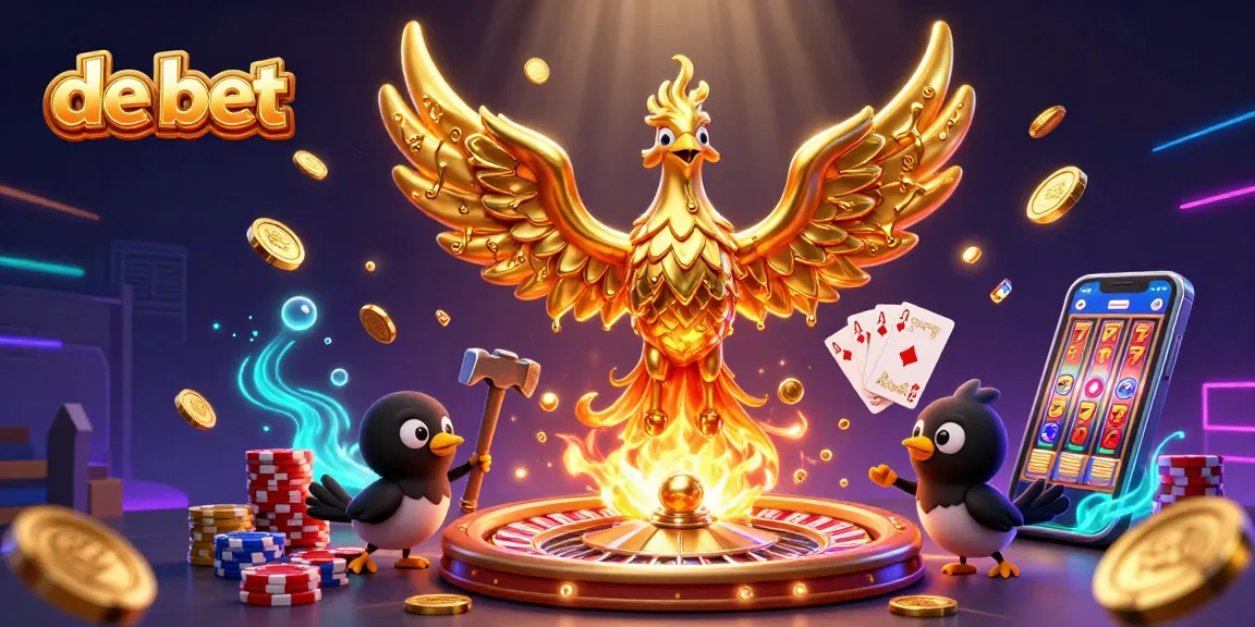 Experience epic wins at de bet with a spectacular 3D illustration featuring a golden phoenix and casino elements.
