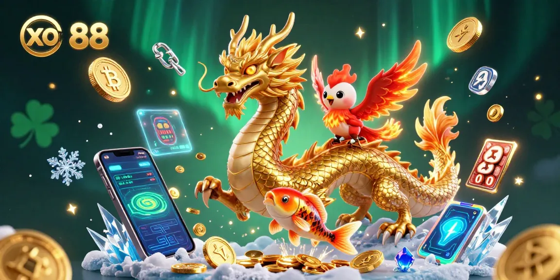 Engage with xo 88 as a fierce dragon and phoenix soar amid slot reels and crypto coins.