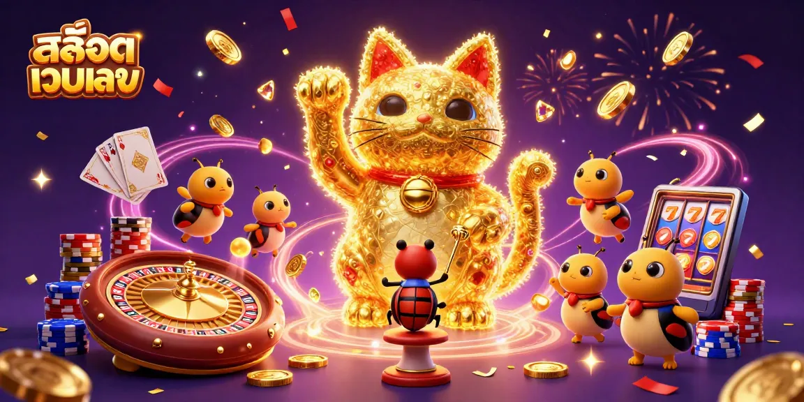 Experience the excitement of สล็อตเว็บตรง with a vibrant 3D illustration of gold fireflies forming a lucky cat.