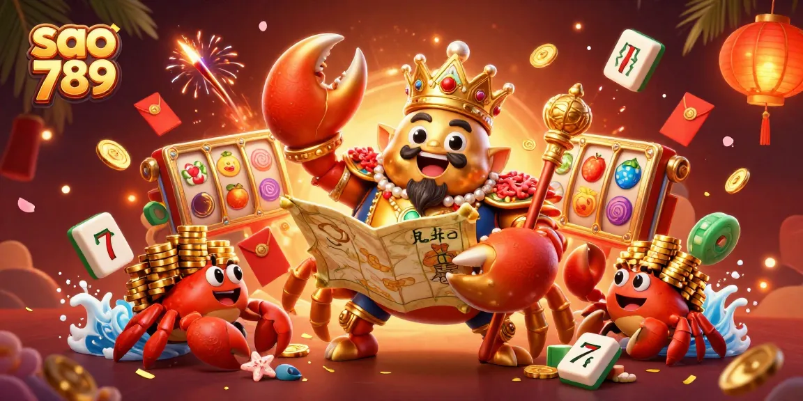 Engage with sao 789's golden crab emperor in a vibrant 3D casino scene, packed with riches and gaming elements.