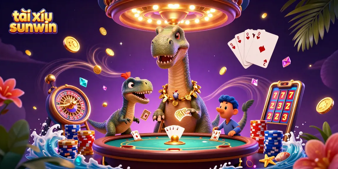 Engage with tài xỉu sunwin as a giant brontosaurus oversees playful card dealing in a vibrant casino scene.