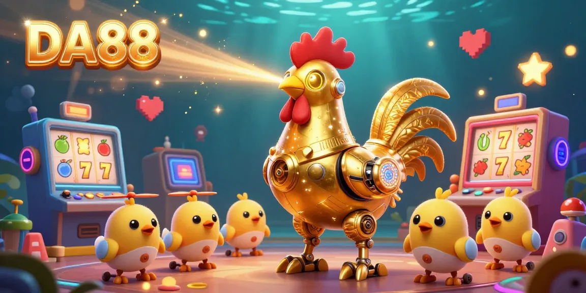 Engage with DA88's vibrant casino scene featuring a retro golden robot and baby chick drones celebrating wins.
