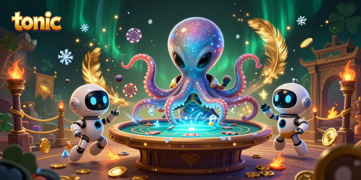 Engage in thrilling gameplay with tonic and a vibrant alien octopus at a holographic poker table