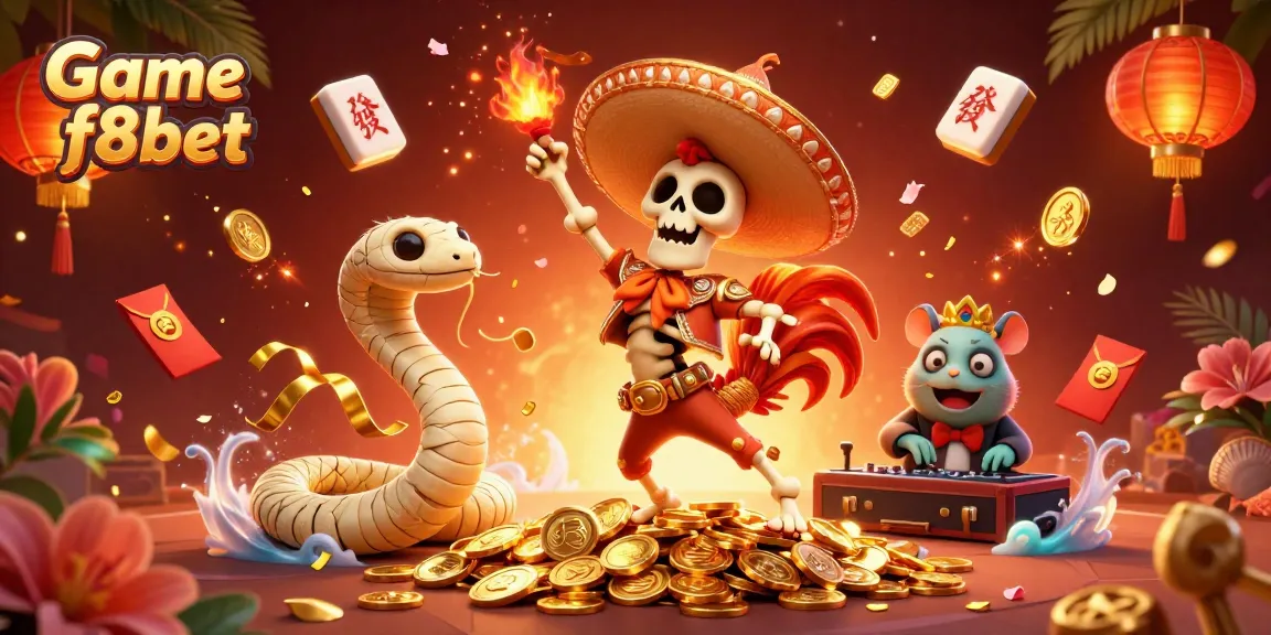 Join the fun with Game f8bet as a lucky rooster dances in a vibrant casino filled with rewards.