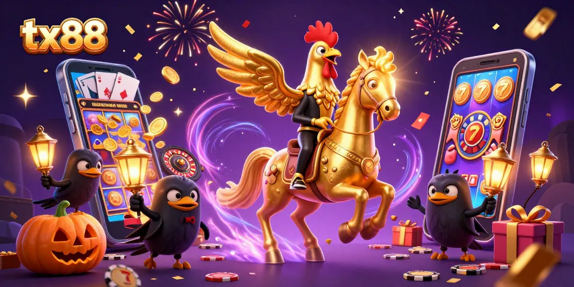 Experience tx88's thrilling slot games with golden rooster and vibrant casino elements.