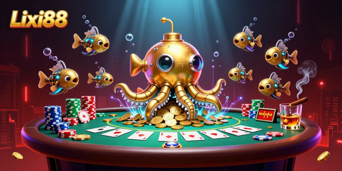 Lixi88 captivates players with a stunning golden kraken submarine amidst poker chips and coins.