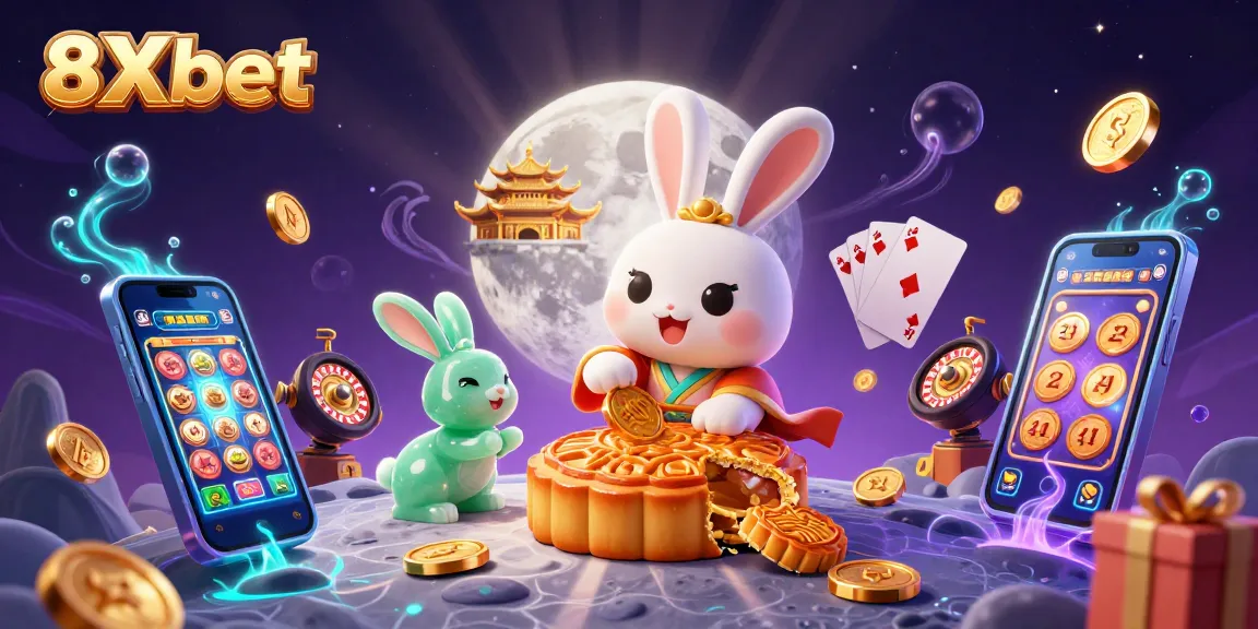 Engage with the vibrant world of 8Xbet through a colorful scene of a moon rabbit and jade companion, creating poker chip-filled mooncakes.