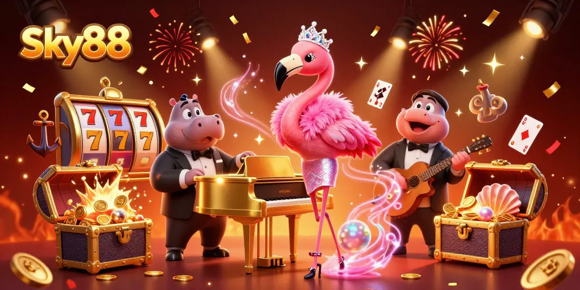 Experience the fun of winning with Sky88 in vibrant casino illustration packed with action and character.