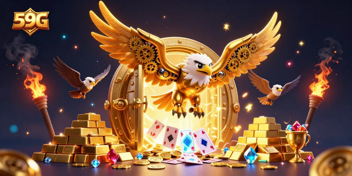 Experience 59G with a dazzling 3D illustration of a golden eagle amidst holographic playing cards and treasures.