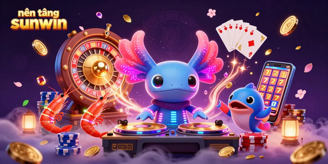 Witness the vibrant action of nền tảng sunwin with a DJ axolotl, shrimp dancers, and dynamic gaming elements.