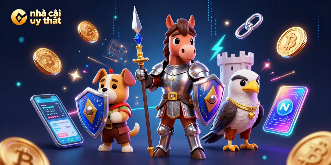 Experience the thrill of nhà cái uy tín with medieval knight and crypto-themed elements surrounding them.