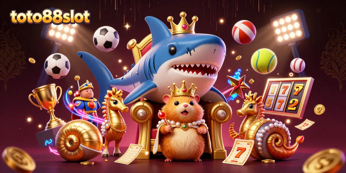 Experience the thrill of toto88slot with a captivating 3D illustration of a hamster king among vibrant casino elements.