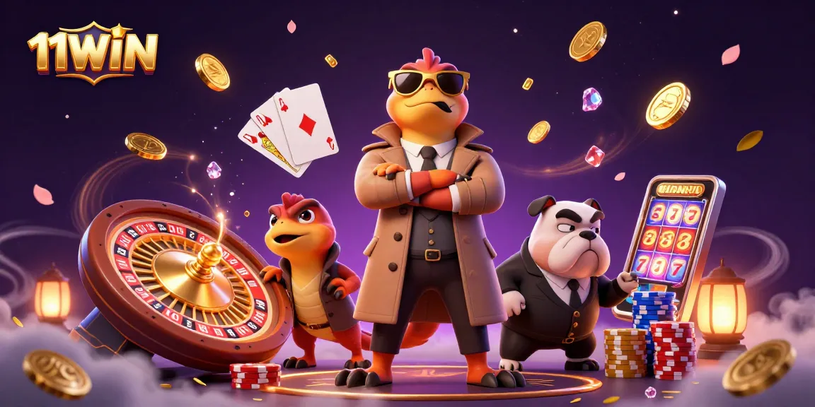 Experience excitement at 11WIN casino, featuring playful raptors in disguise amidst vibrant gaming elements.