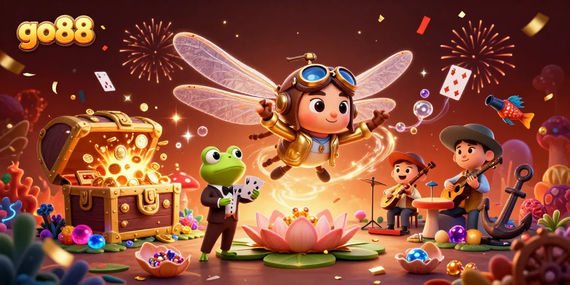 Engage with go88's vibrant gameplay featuring a dragonfly pilot and a frog croupier amidst colorful casino elements.