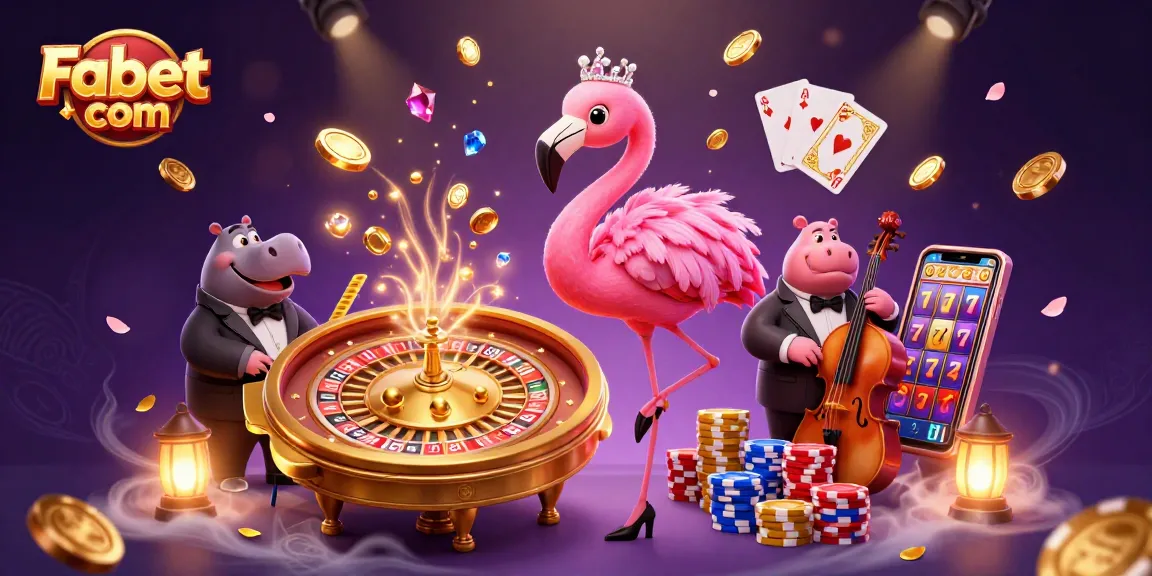 Experience the excitement of Fabet com with a vibrant casino scene featuring a flamingo and hippo musicians.