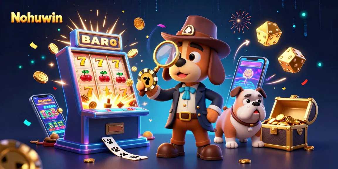 Nohuwin casino adventure with cartoon detective discovering poker chip clues amidst vibrant slot elements.