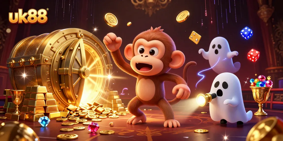 uk88 players juggling golden coins in a haunted casino with dynamic lighting effects