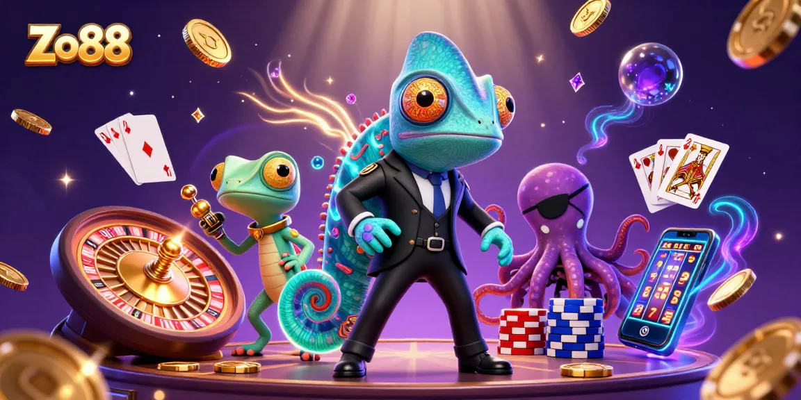 Spin and win at Zo88 with vibrant casino elements featuring a secret agent chameleon and friends