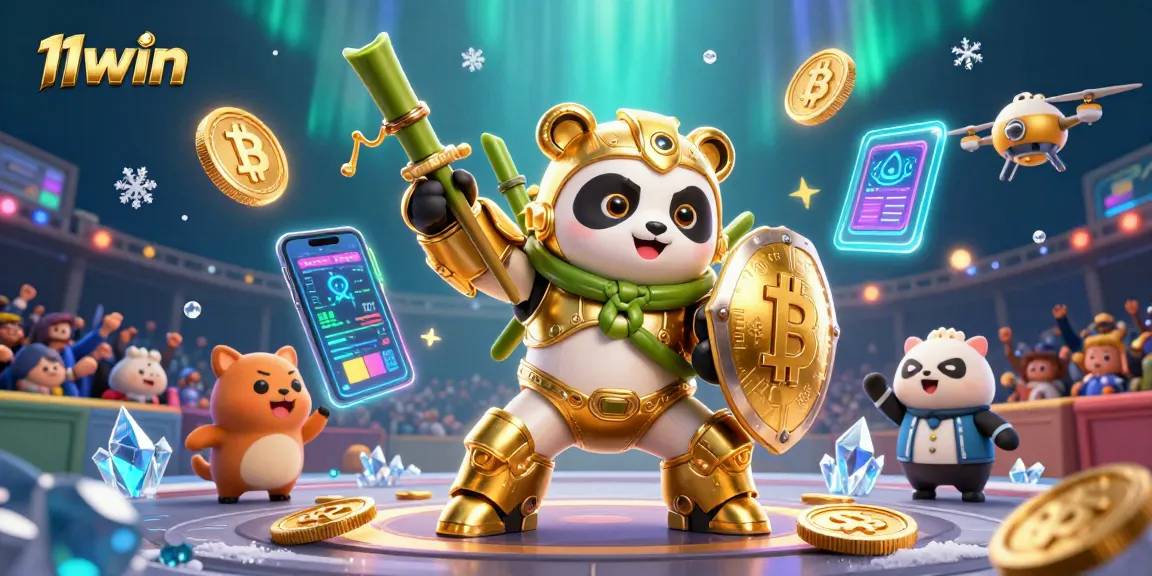 Engage with 11win in a vibrant 3D casino scene showcasing a mech-suit panda robot in action.