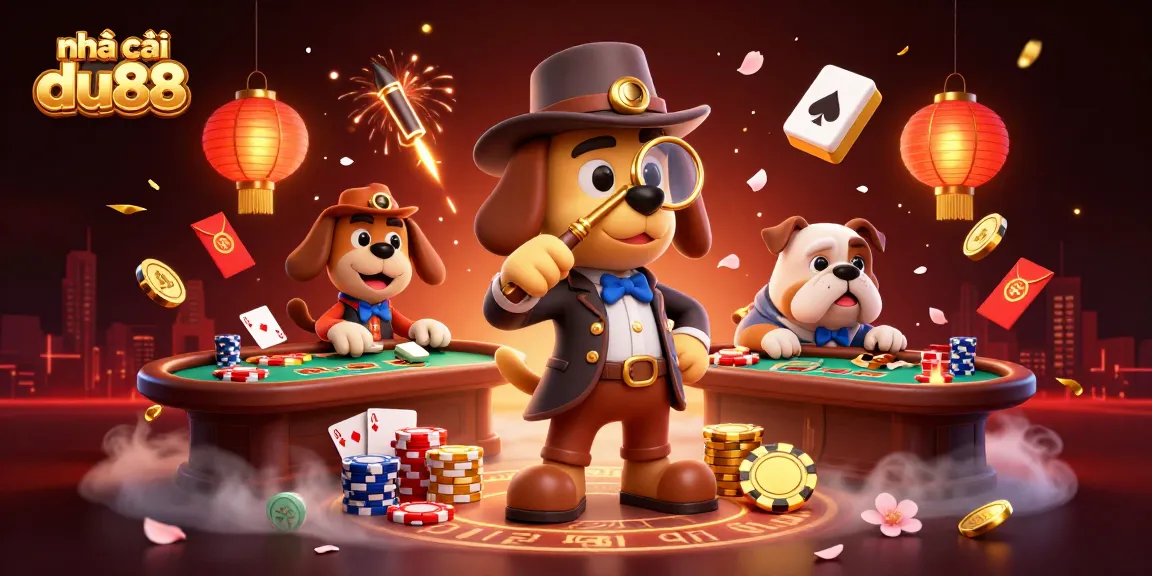 Engage in the vibrant action of nhà cái du88, featuring detectives exploring poker clues amidst festive gambling elements.