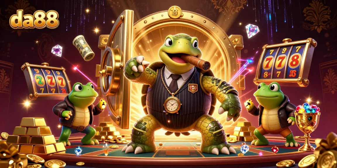 Engage with da88's thrilling casino adventure featuring cartoon turtle mobster amidst bright slot games.