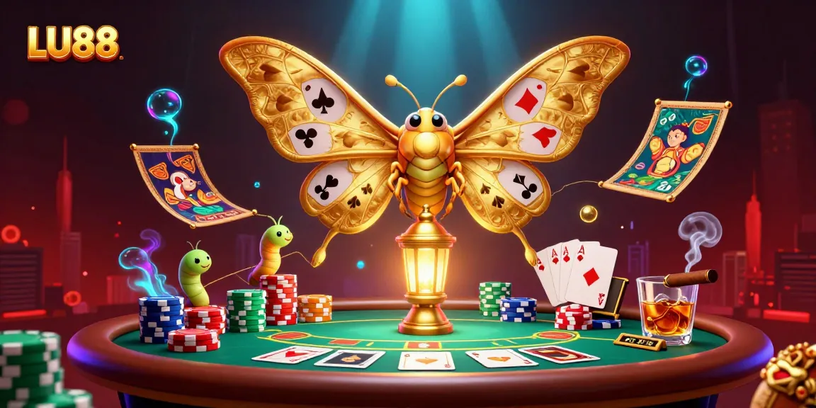 Experience the luxurious LU88 gaming scene with vibrant cards, chips, and golden elements.