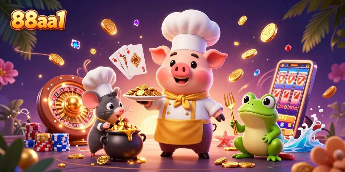 Experience thrilling gaming at 88aa1 with a vibrant illustration of a pig chef serving golden coins.