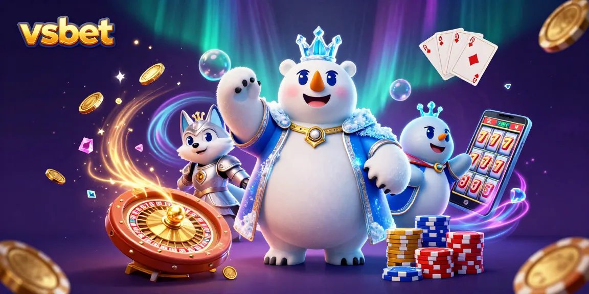 Engage with the win potential at VSBET featuring a dazzling polar bear and snow fox in a vibrant casino scene.