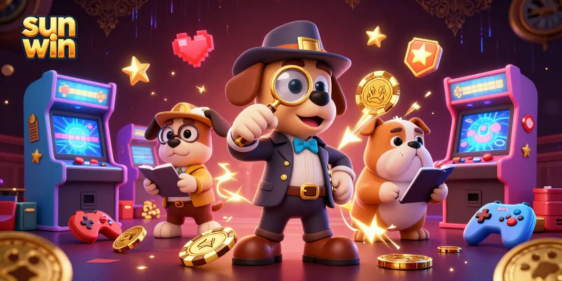 Experience the excitement of sun win as a detective uncovers clues in a vibrant casino scene filled with treasures and gaming elements.