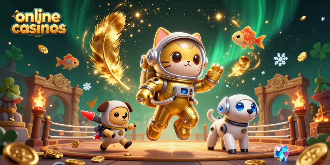 Engage in online casinos with a space cat and robot dog in a cosmic gambling adventure.