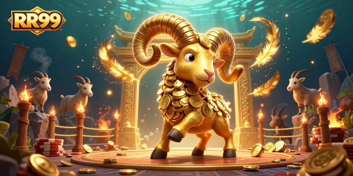 Experience thrilling wins at RR99 with a golden ram charging through a spectacular casino scene.