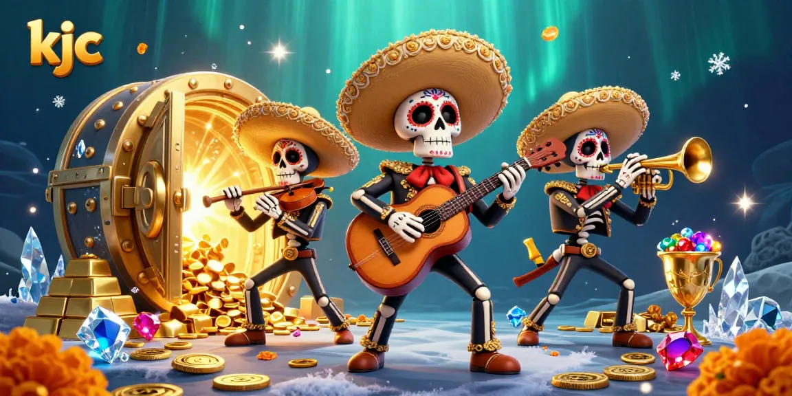 KJC offers thrilling gaming experiences with vibrant skeleton mariachi band amidst golden treasures.